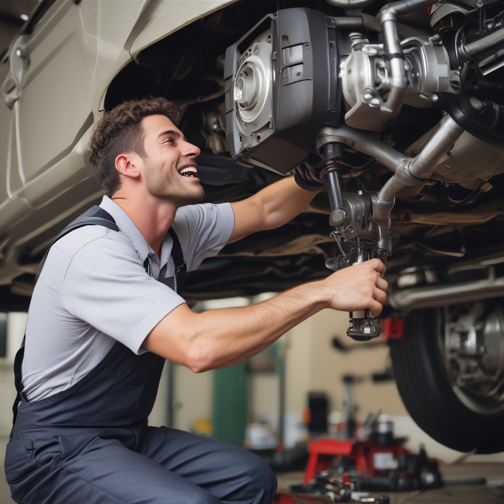 Enthusiastic mechanic working on a car undercarriage